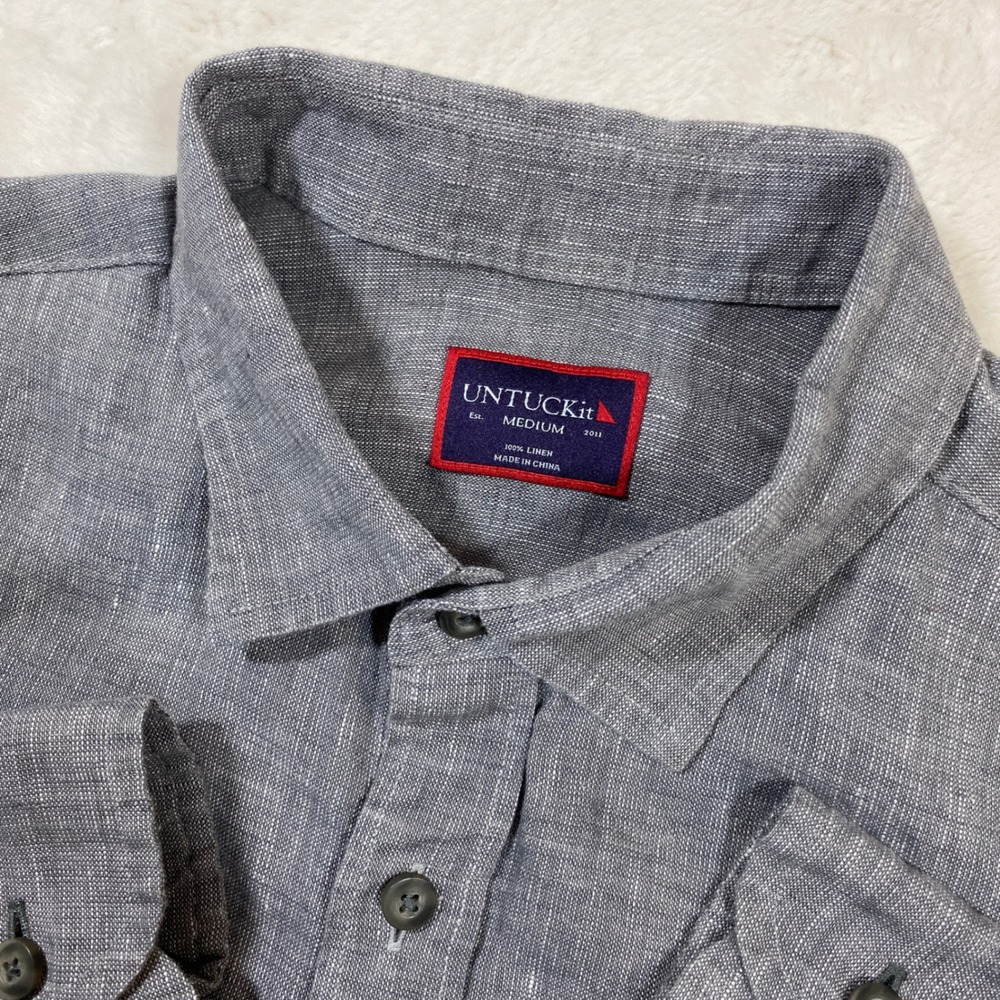 UNTUCKit Linen Mens M Long Sleeve Button Down Shirt Preppy Gray Vacation Casual